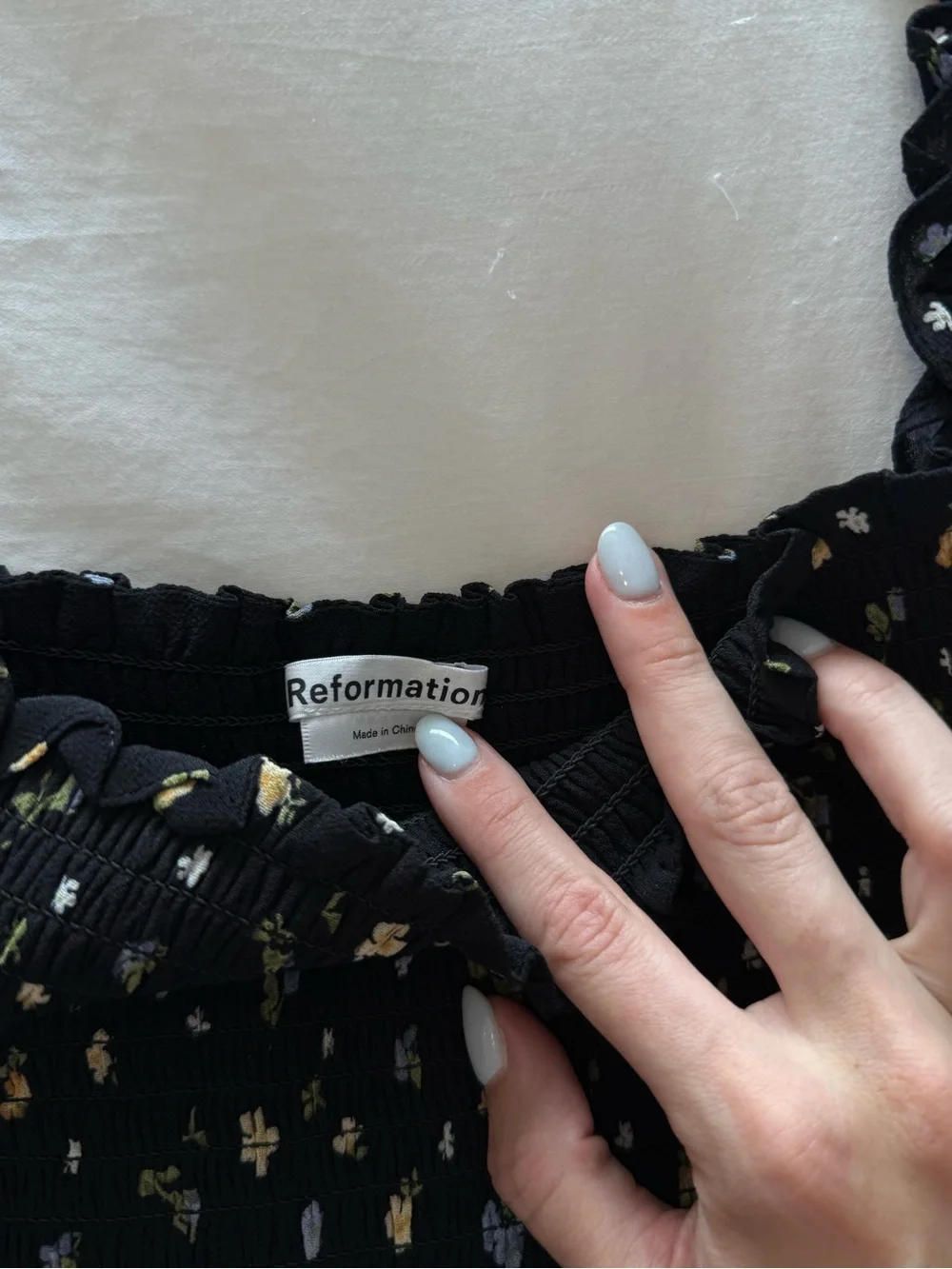 Reformation Black Floral Smocked Square-Neck Blouse